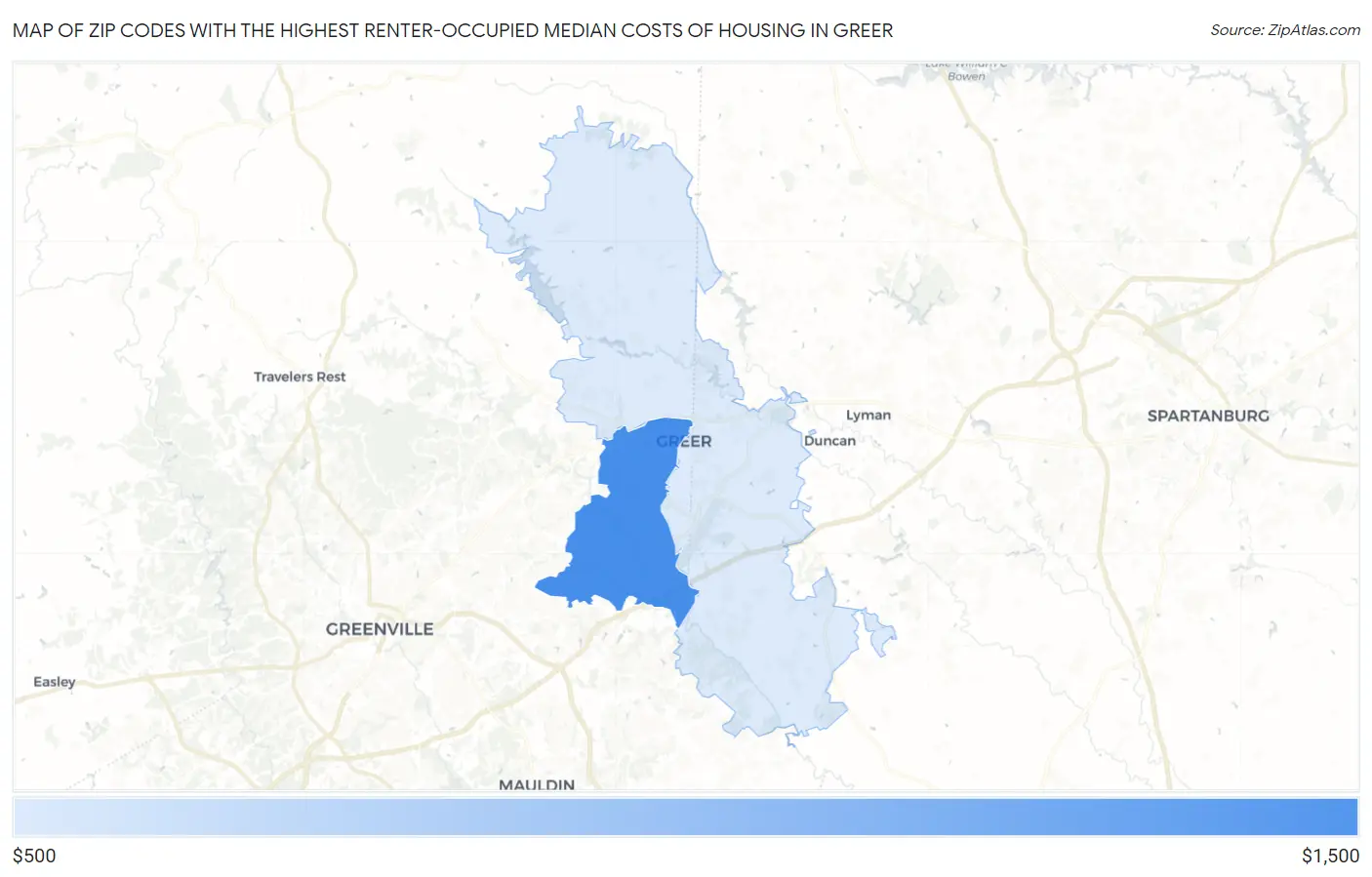 Zip Codes with the Highest Renter-Occupied Median Costs of Housing in Greer Map