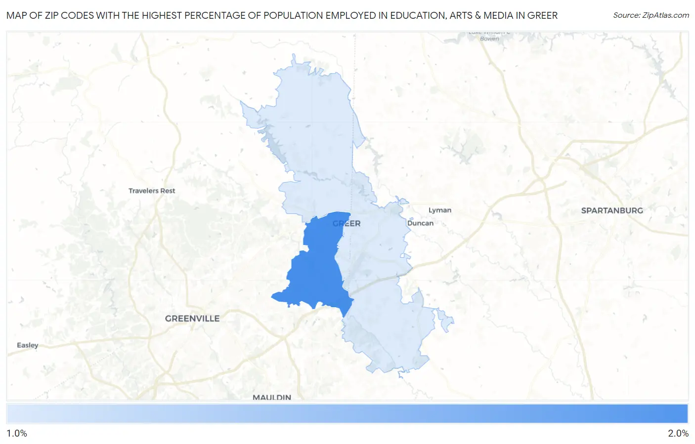 Zip Codes with the Highest Percentage of Population Employed in Education, Arts & Media in Greer Map