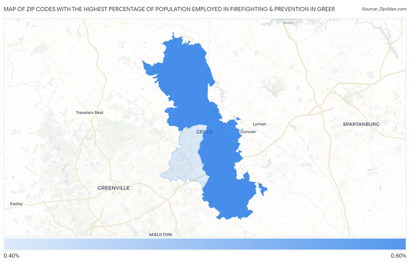 Zip Codes with the Highest Percentage of Population Employed in Firefighting & Prevention in Greer Map