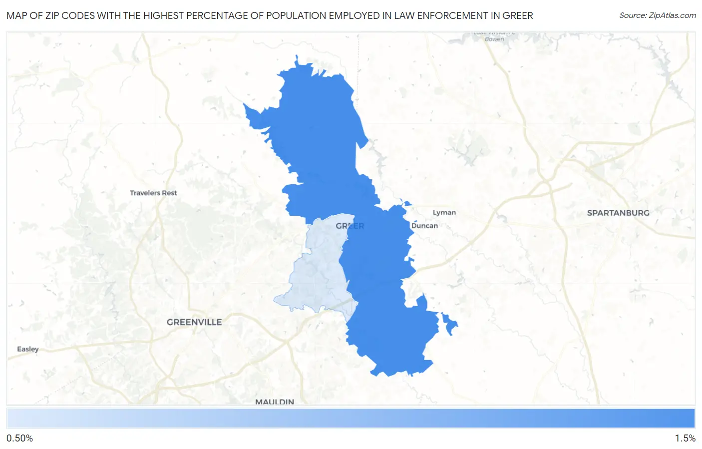Zip Codes with the Highest Percentage of Population Employed in Law Enforcement in Greer Map