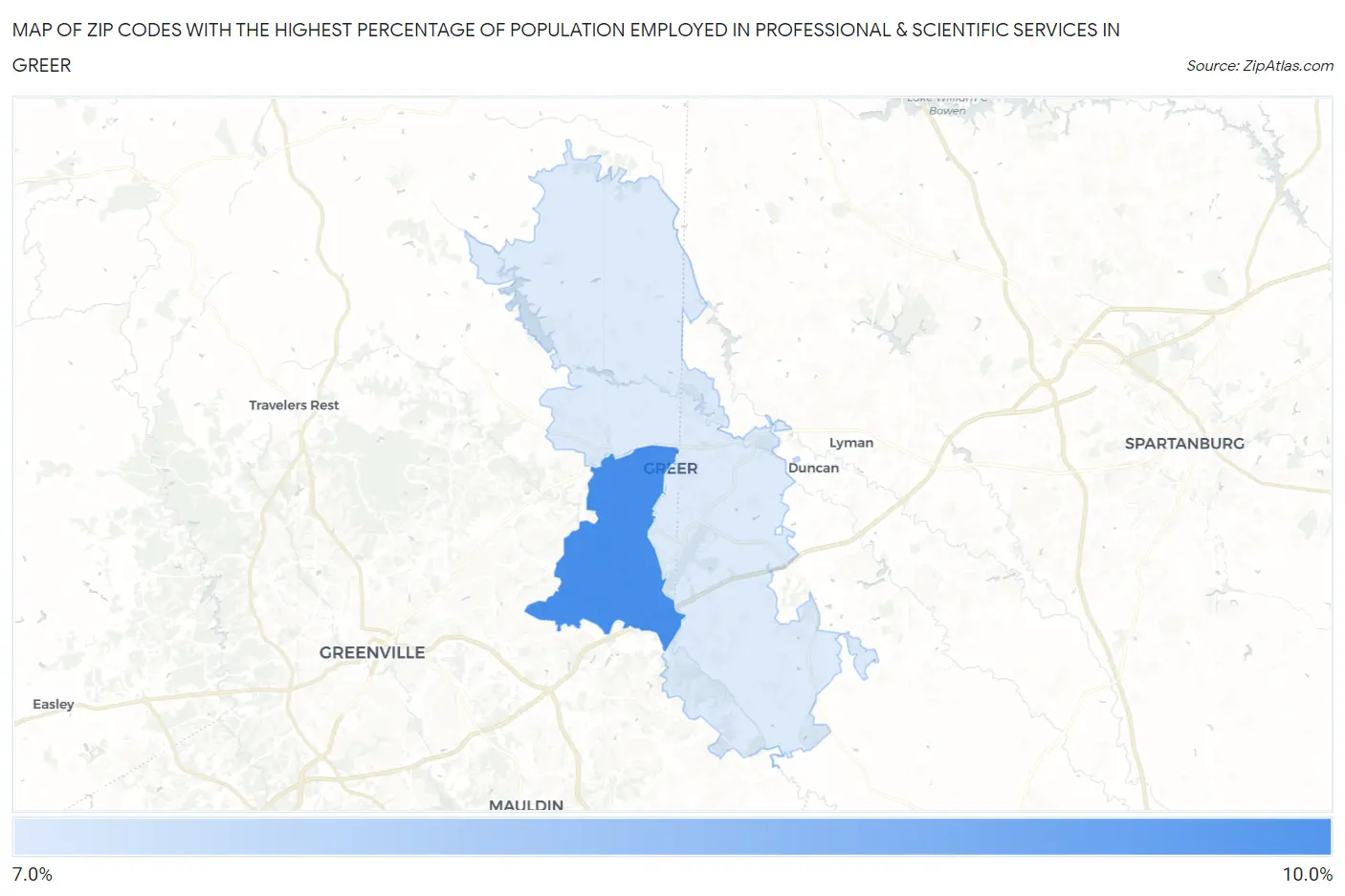 Zip Codes with the Highest Percentage of Population Employed in Professional & Scientific Services in Greer Map
