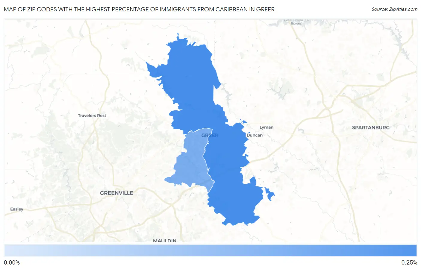Zip Codes with the Highest Percentage of Immigrants from Caribbean in Greer Map