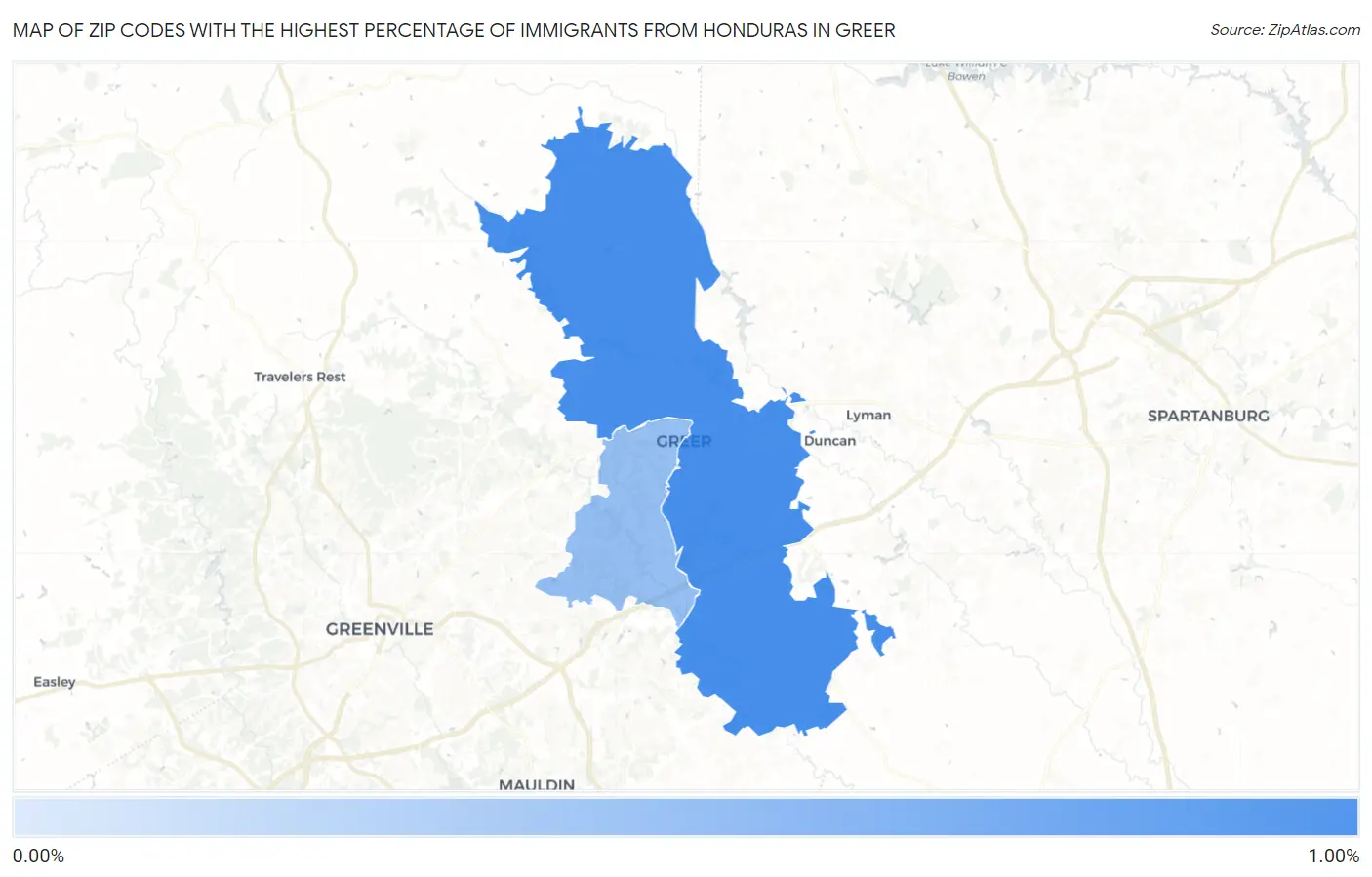 Zip Codes with the Highest Percentage of Immigrants from Honduras in Greer Map