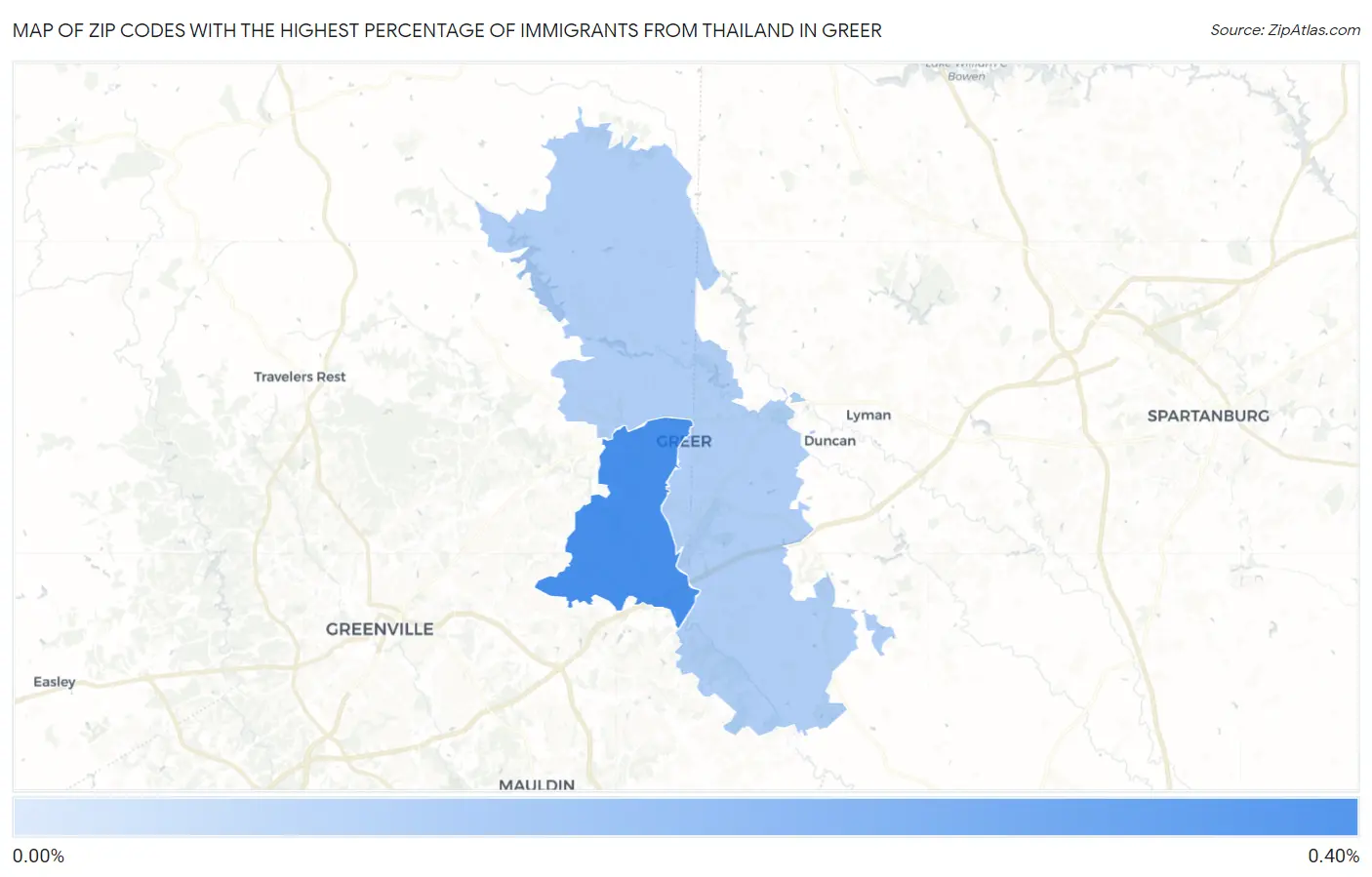 Zip Codes with the Highest Percentage of Immigrants from Thailand in Greer Map