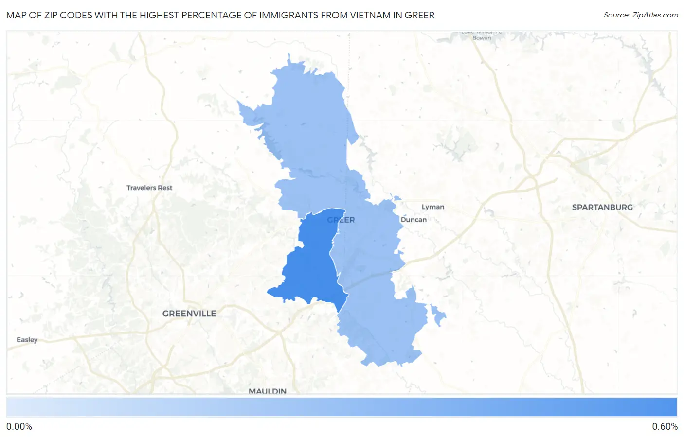 Zip Codes with the Highest Percentage of Immigrants from Vietnam in Greer Map