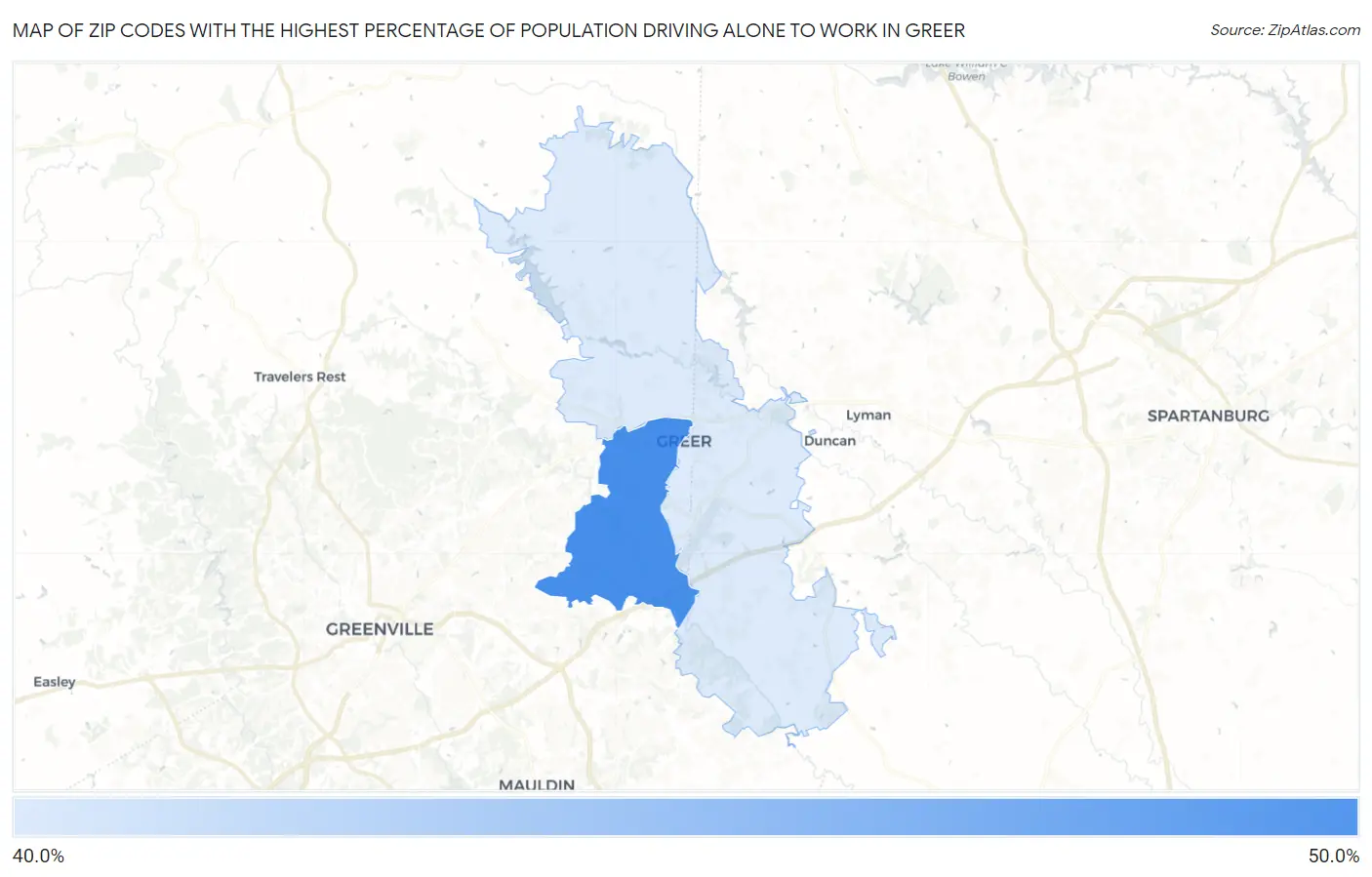 Zip Codes with the Highest Percentage of Population Driving Alone to Work in Greer Map
