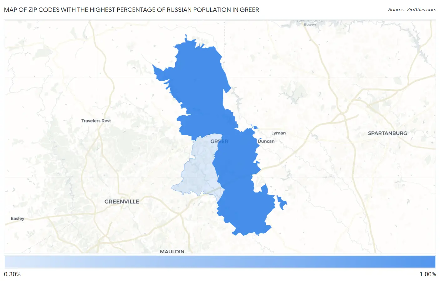 Zip Codes with the Highest Percentage of Russian Population in Greer Map
