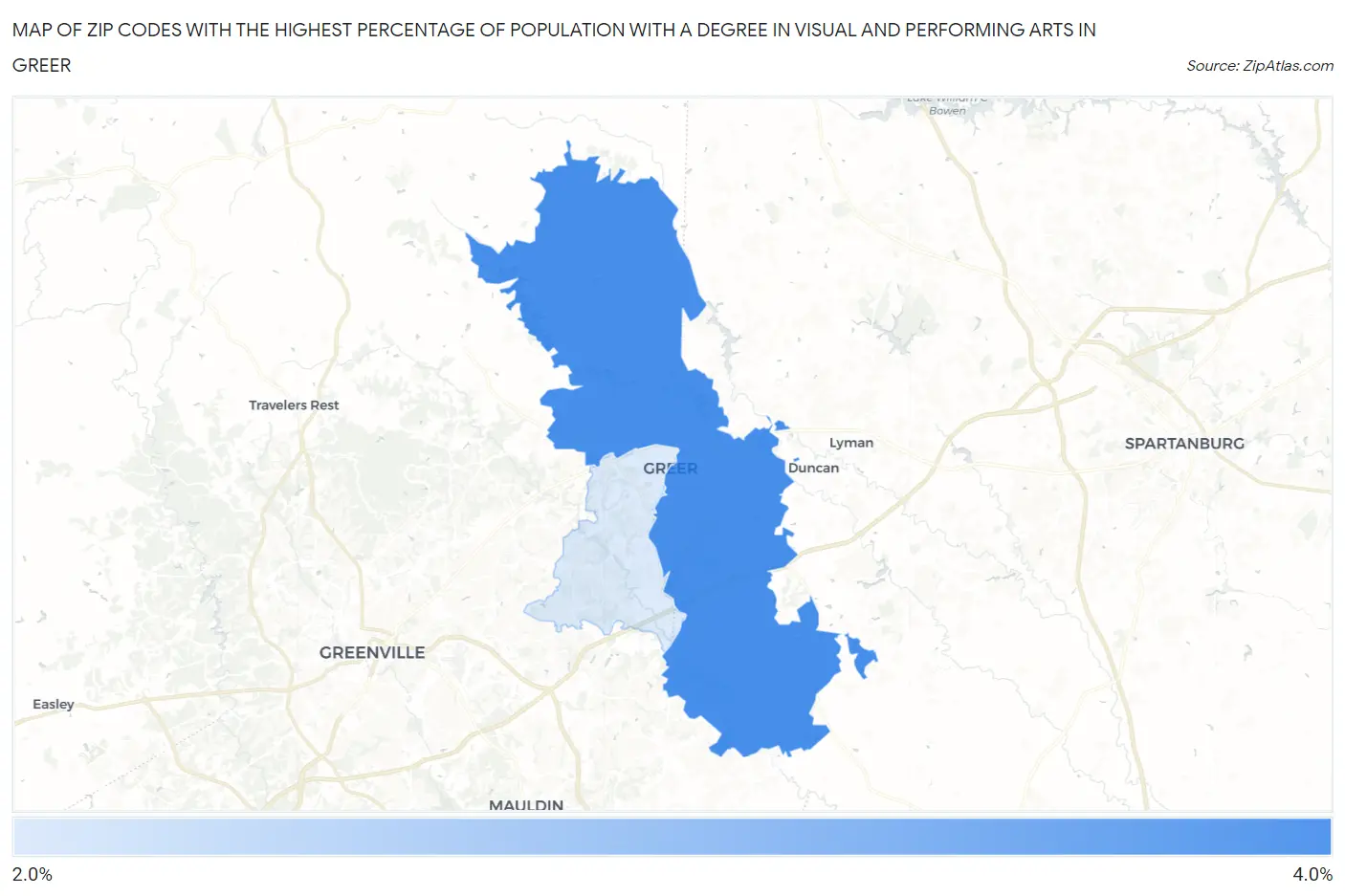 Zip Codes with the Highest Percentage of Population with a Degree in Visual and Performing Arts in Greer Map