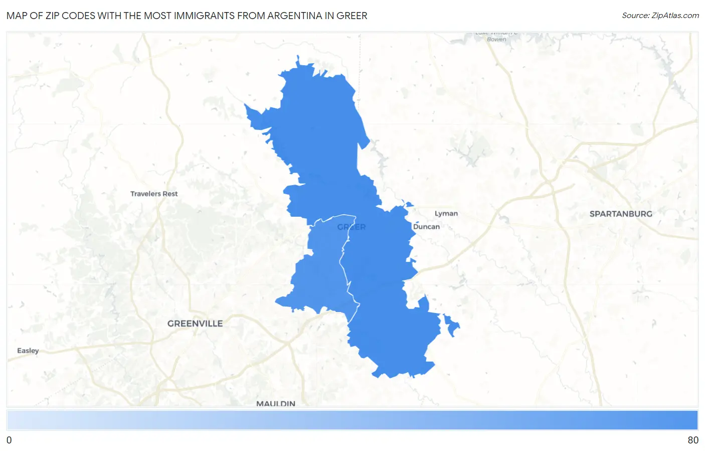 Zip Codes with the Most Immigrants from Argentina in Greer Map