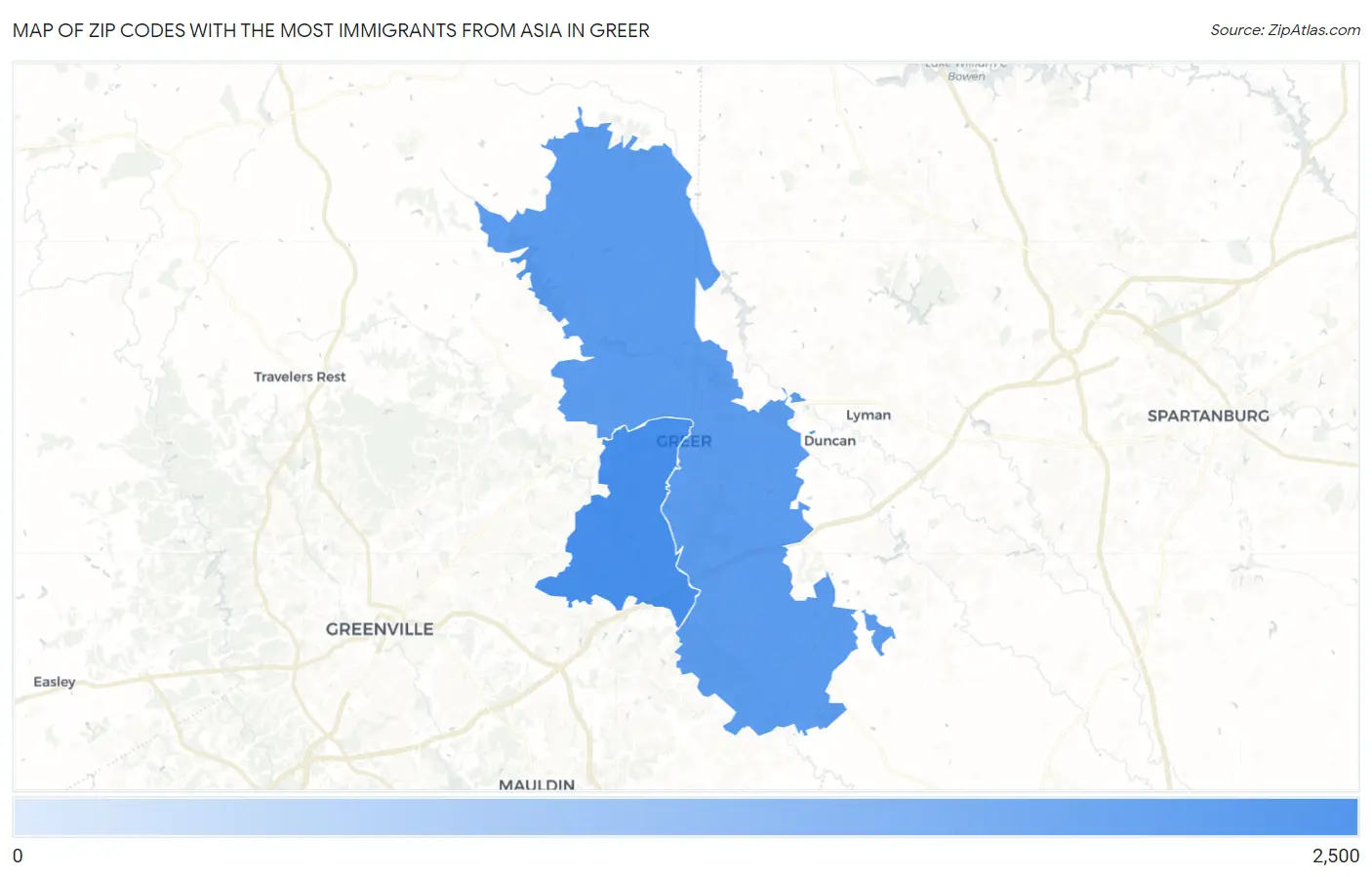 Zip Codes with the Most Immigrants from Asia in Greer Map