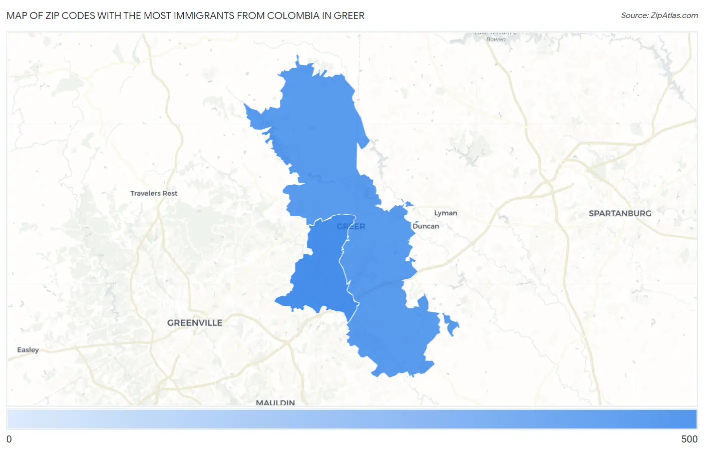 Zip Codes with the Most Immigrants from Colombia in Greer Map