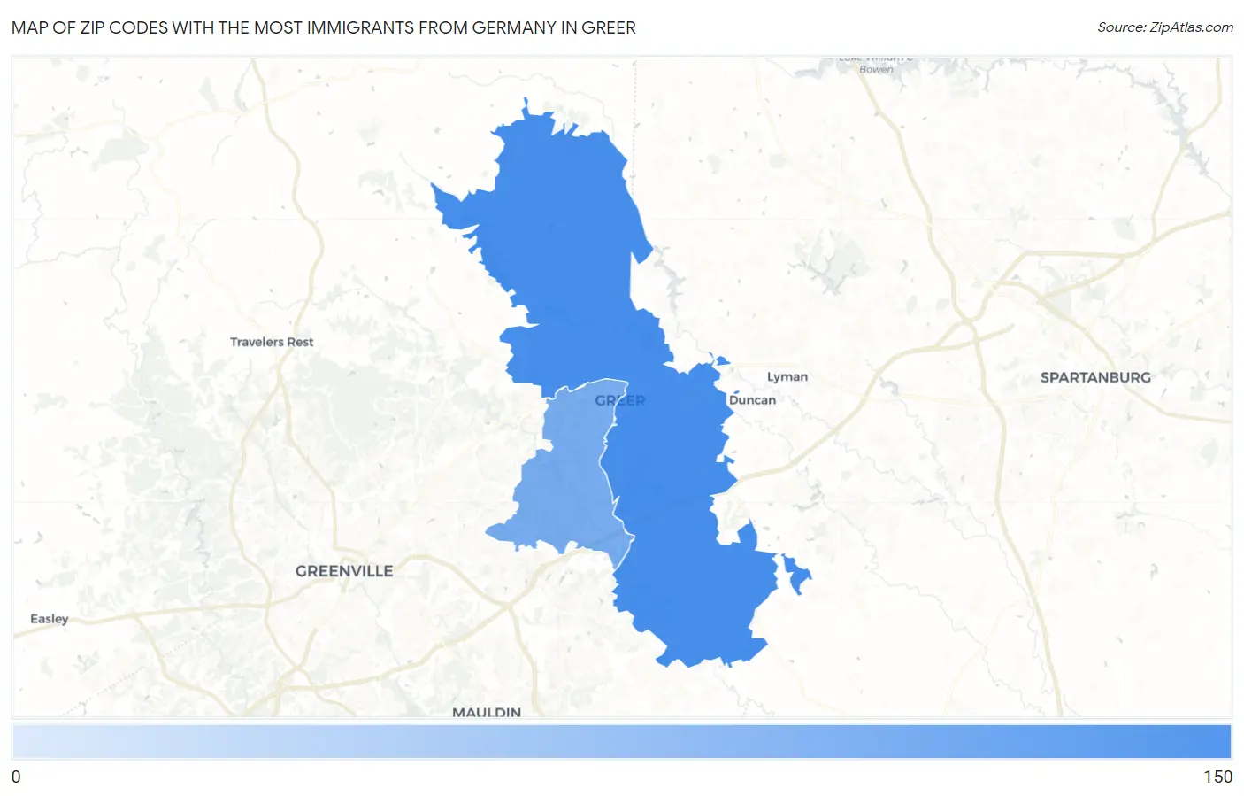 Zip Codes with the Most Immigrants from Germany in Greer Map