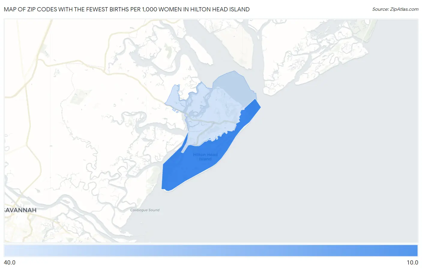 Zip Codes with the Fewest Births per 1,000 Women in Hilton Head Island Map