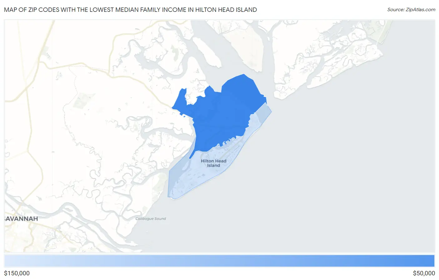 Zip Codes with the Lowest Median Family Income in Hilton Head Island Map