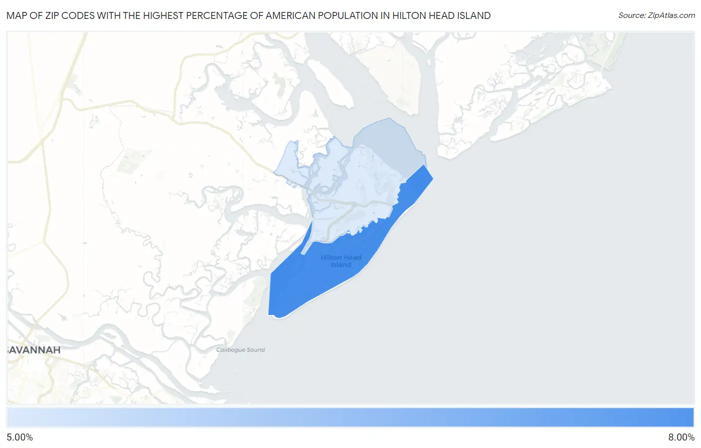 Zip Codes with the Highest Percentage of American Population in Hilton Head Island Map