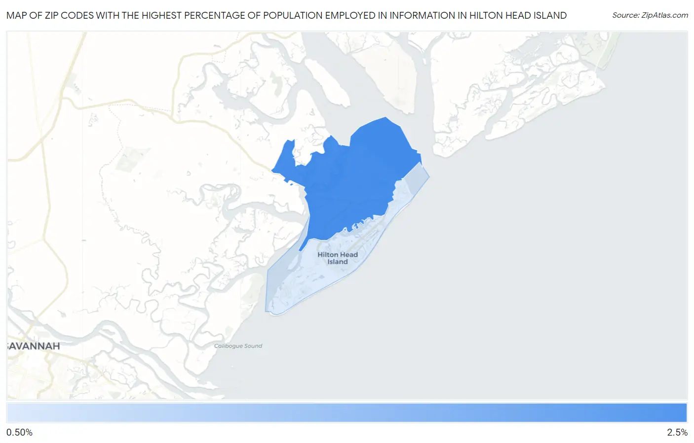 Zip Codes with the Highest Percentage of Population Employed in Information in Hilton Head Island Map