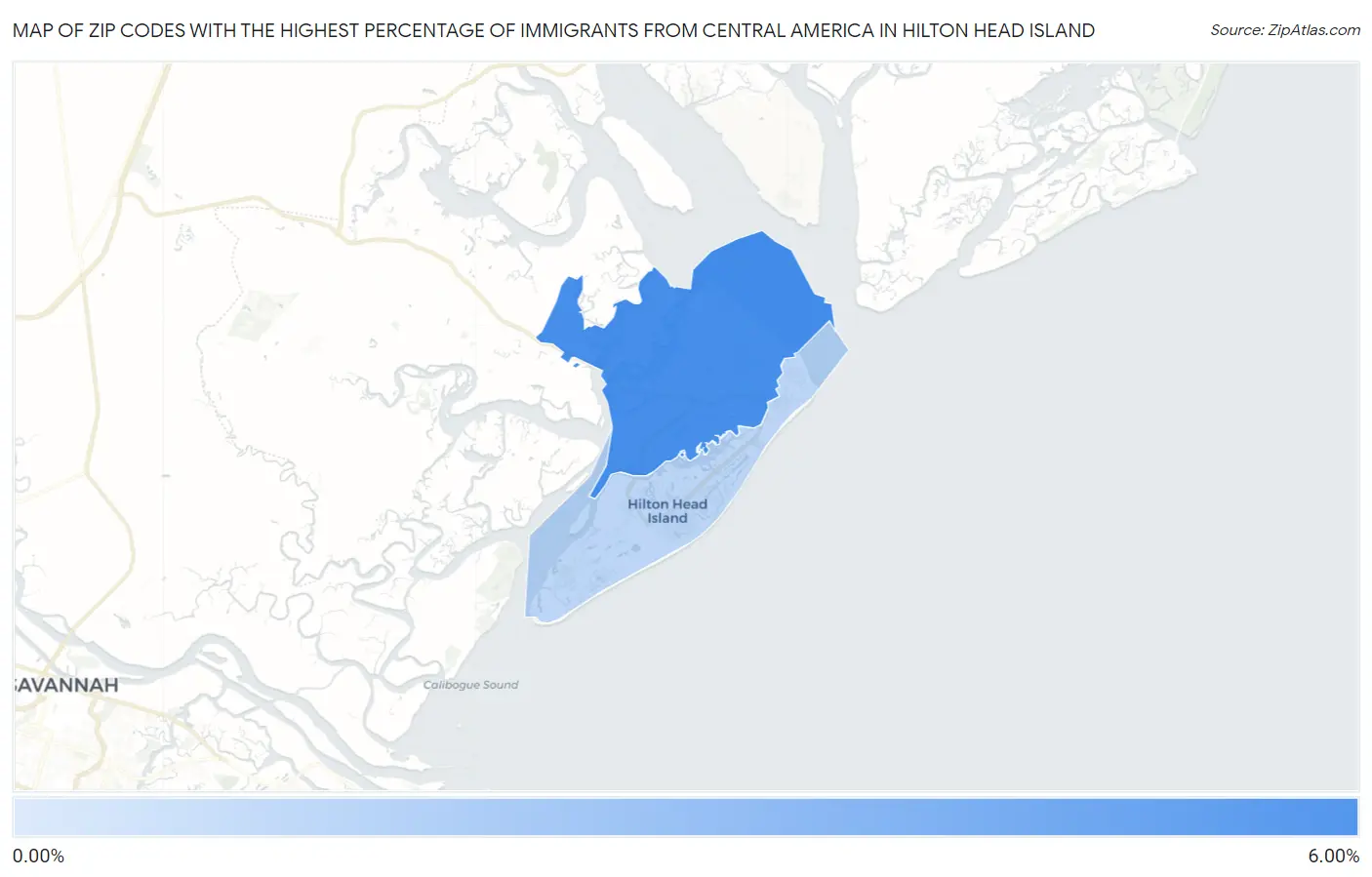 Zip Codes with the Highest Percentage of Immigrants from Central America in Hilton Head Island Map