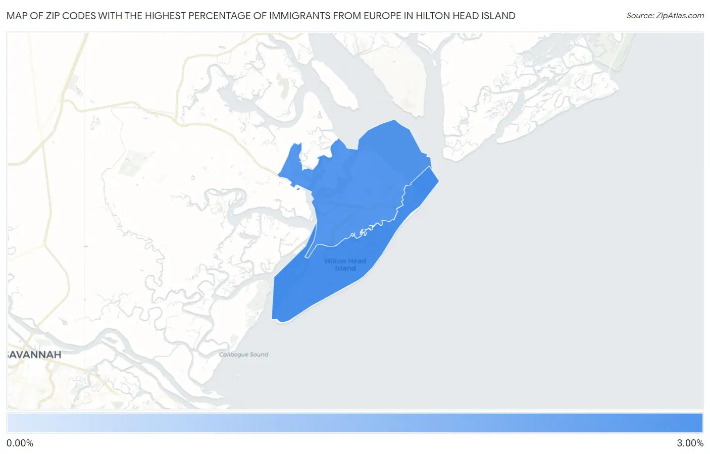 Zip Codes with the Highest Percentage of Immigrants from Europe in Hilton Head Island Map
