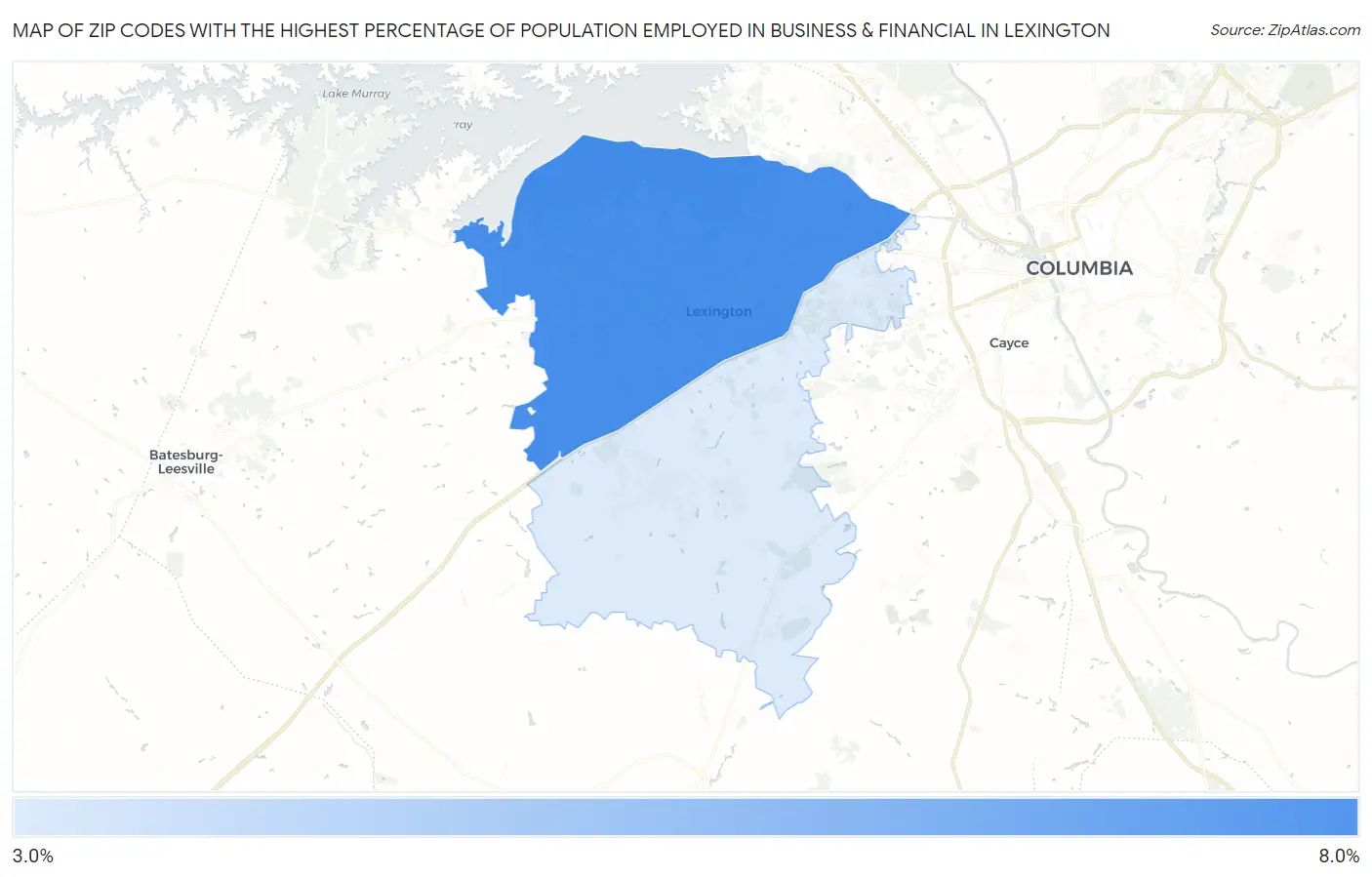 Zip Codes with the Highest Percentage of Population Employed in Business & Financial in Lexington Map