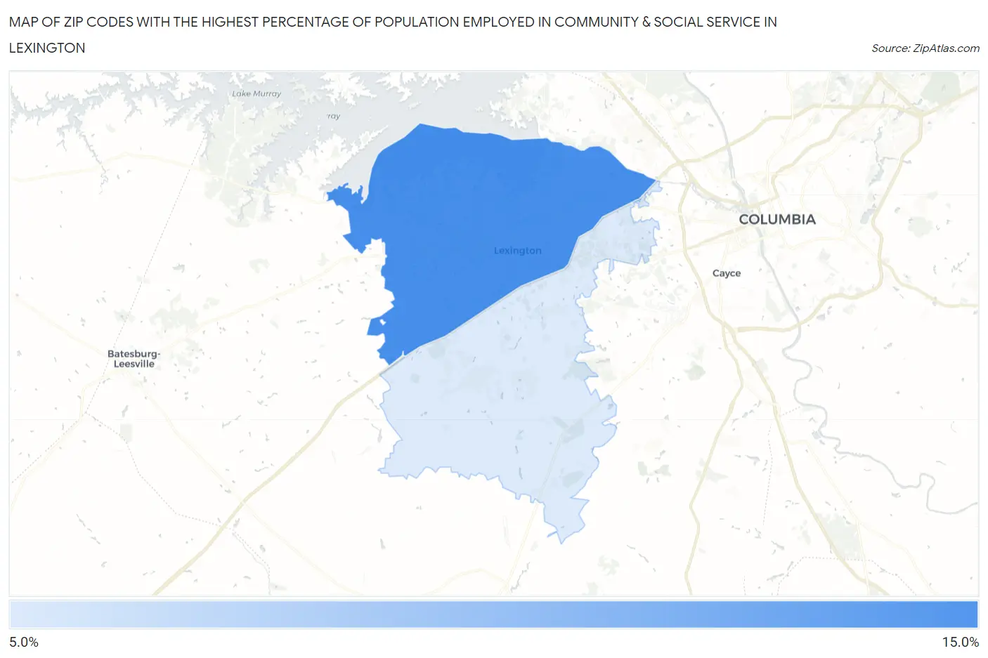 Zip Codes with the Highest Percentage of Population Employed in Community & Social Service  in Lexington Map