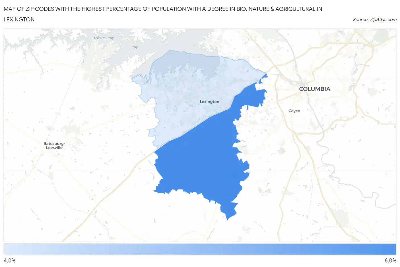 Zip Codes with the Highest Percentage of Population with a Degree in Bio, Nature & Agricultural in Lexington Map