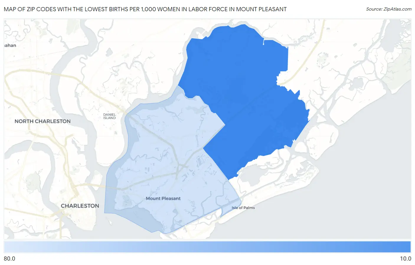 Zip Codes with the Lowest Births per 1,000 Women in Labor Force in Mount Pleasant Map