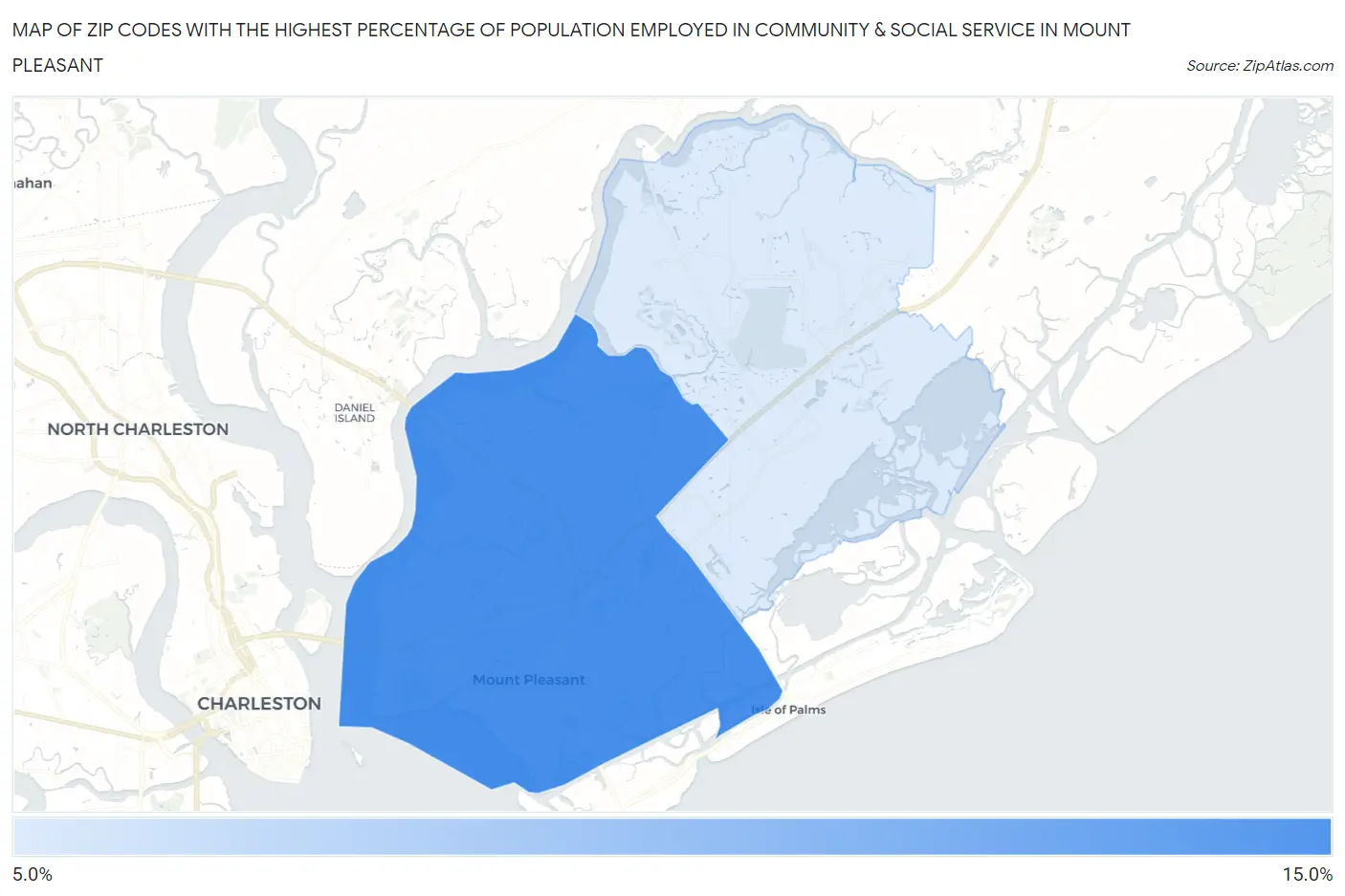 Zip Codes with the Highest Percentage of Population Employed in Community & Social Service  in Mount Pleasant Map