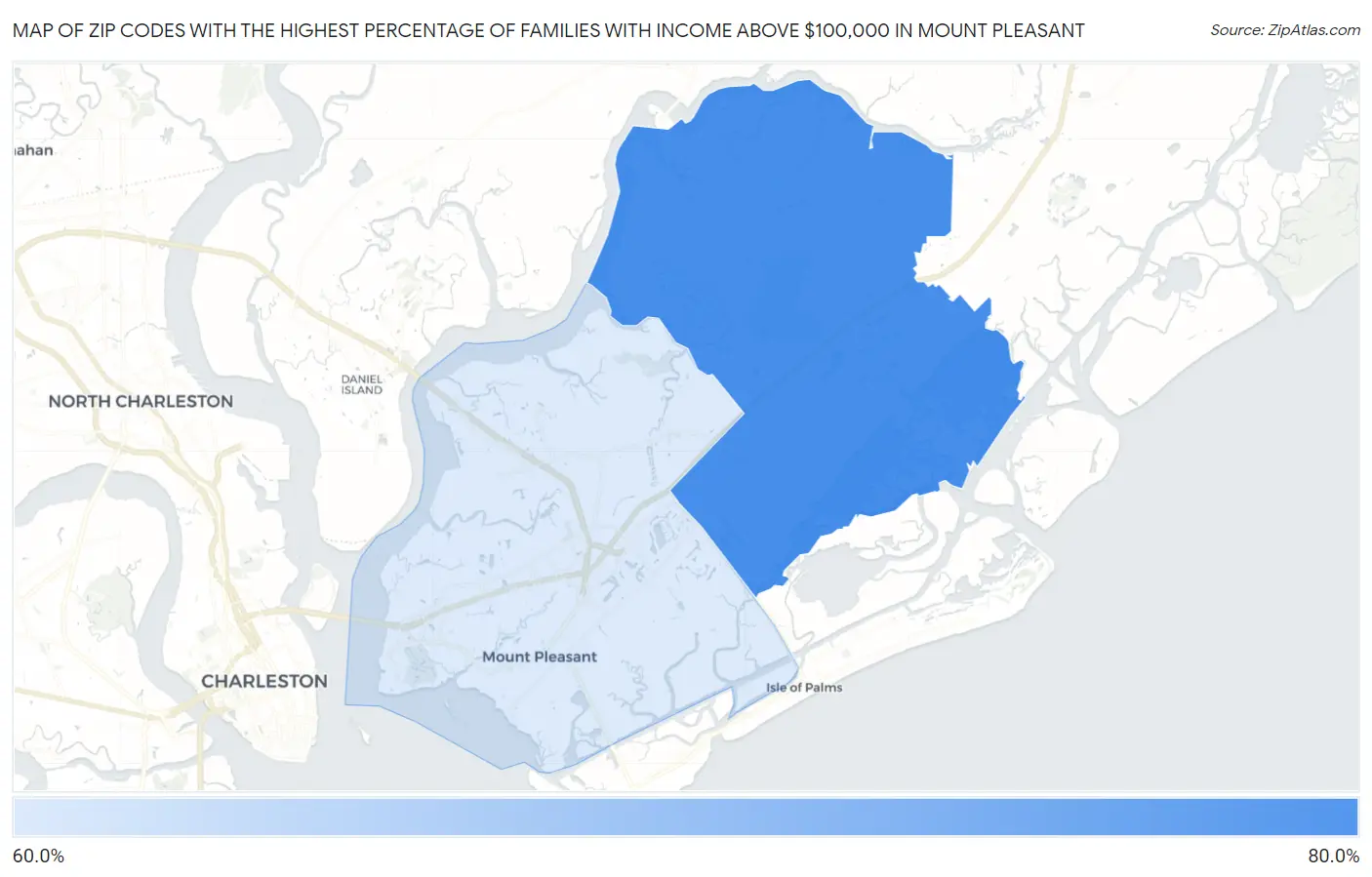 Zip Codes with the Highest Percentage of Families with Income Above $100,000 in Mount Pleasant Map
