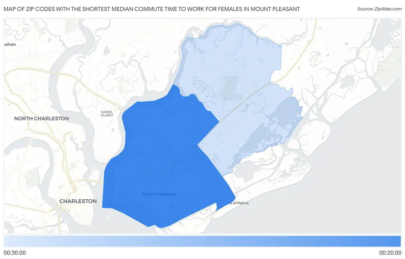 Zip Codes with the Shortest Median Commute Time to Work for Females in Mount Pleasant Map