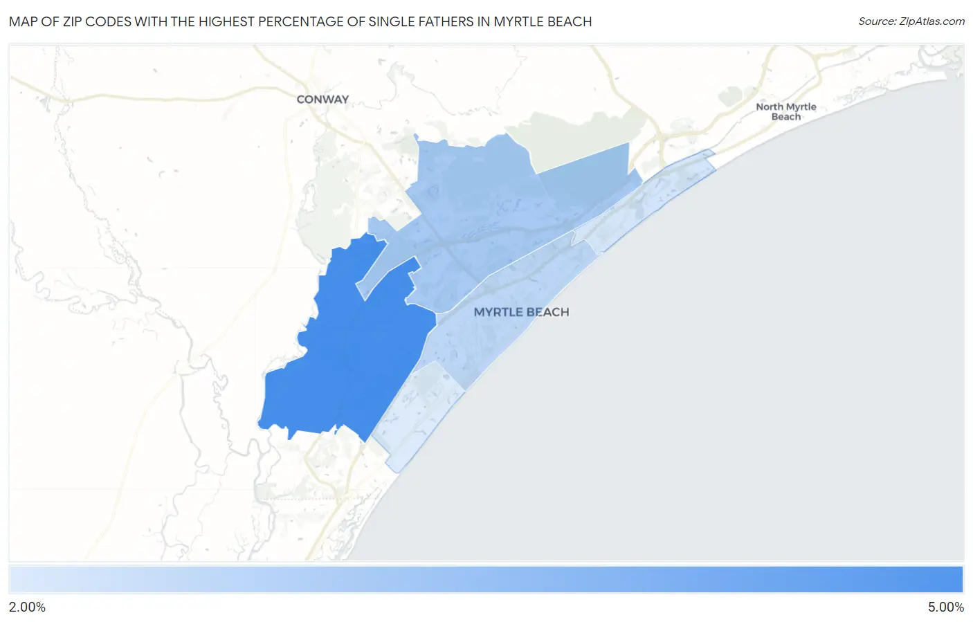 Zip Codes with the Highest Percentage of Single Fathers in Myrtle Beach Map
