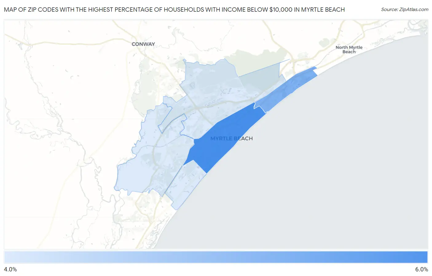 Zip Codes with the Highest Percentage of Households with Income Below $10,000 in Myrtle Beach Map