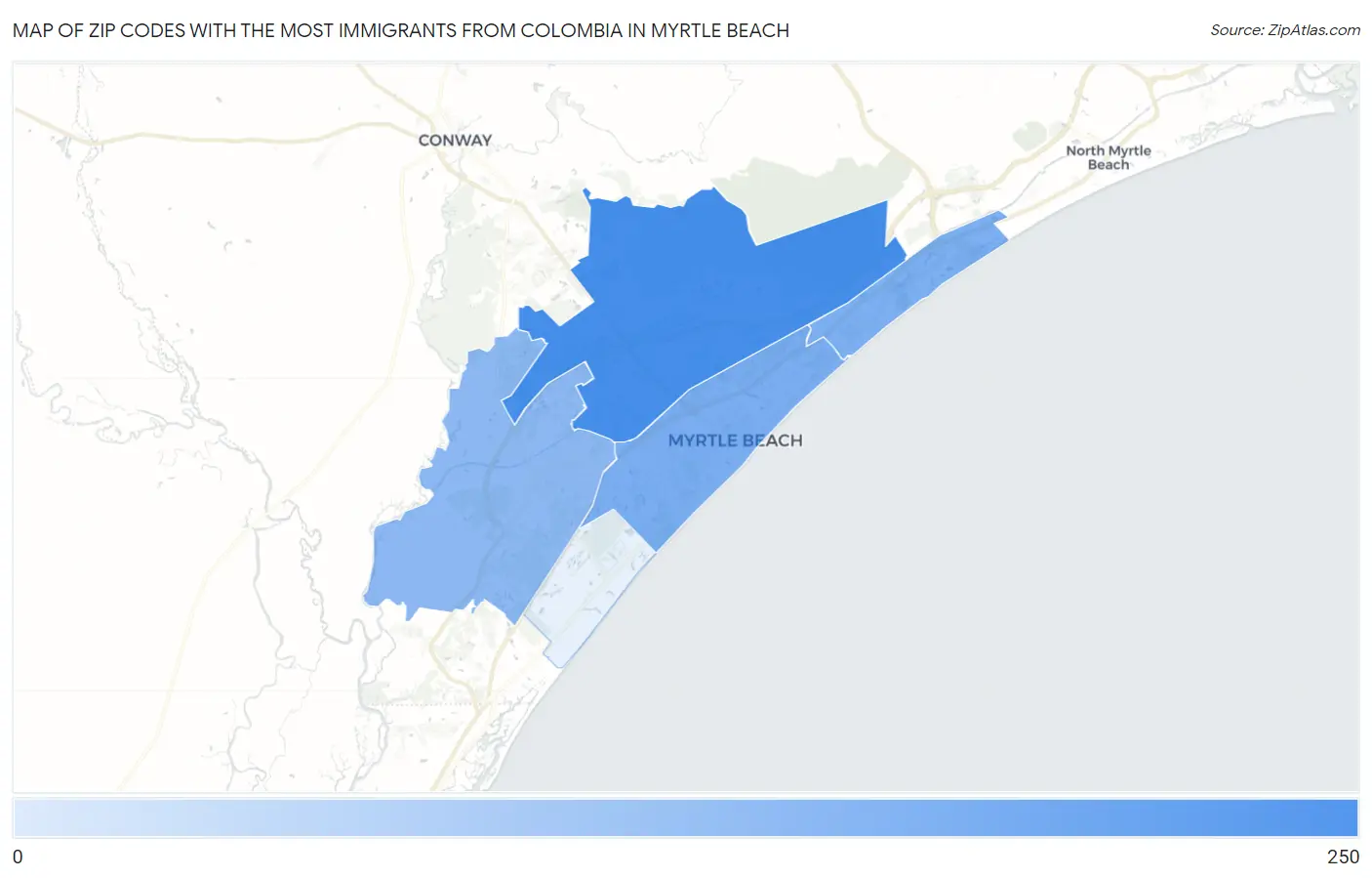 Zip Codes with the Most Immigrants from Colombia in Myrtle Beach Map