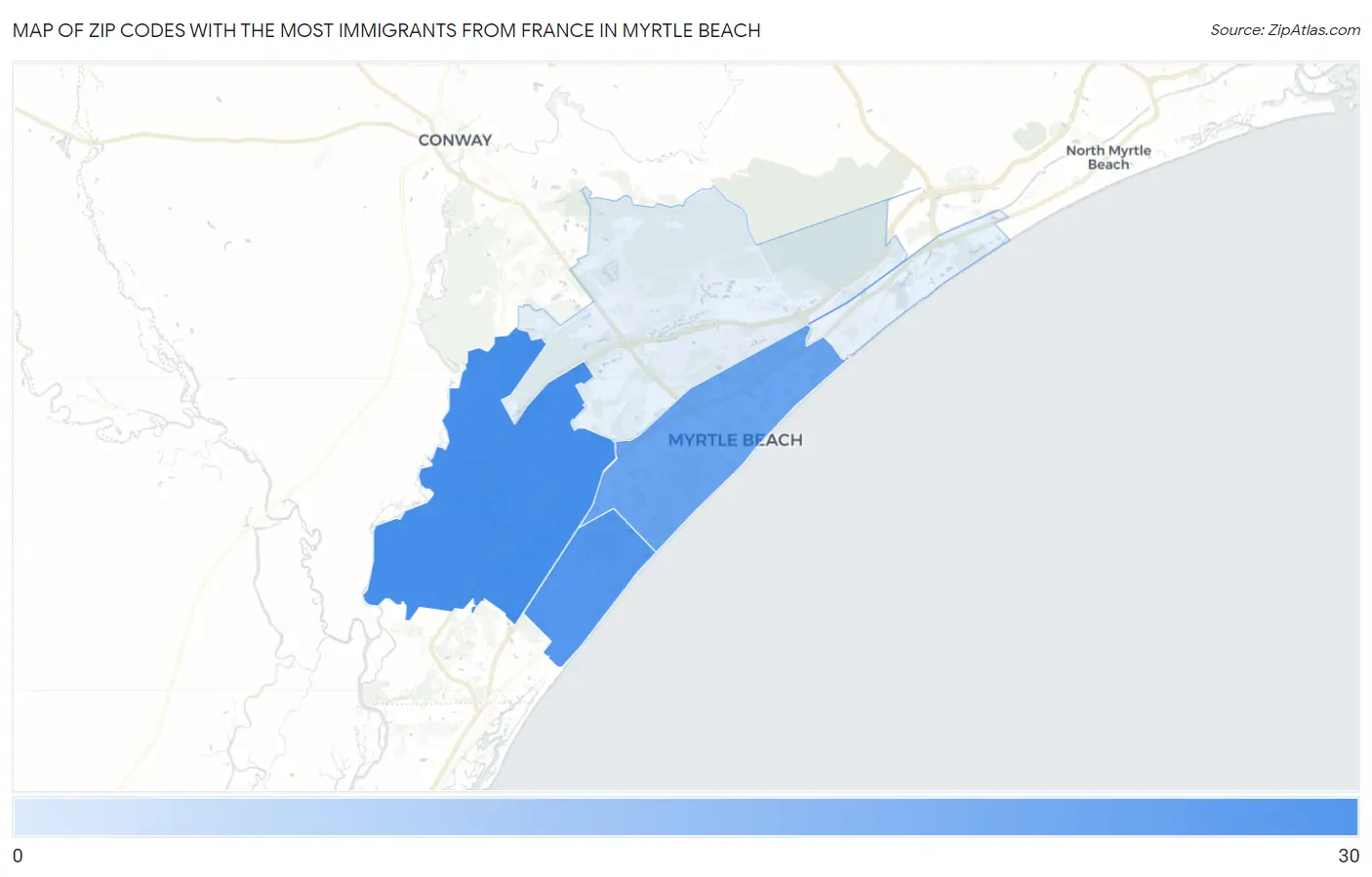 Zip Codes with the Most Immigrants from France in Myrtle Beach Map