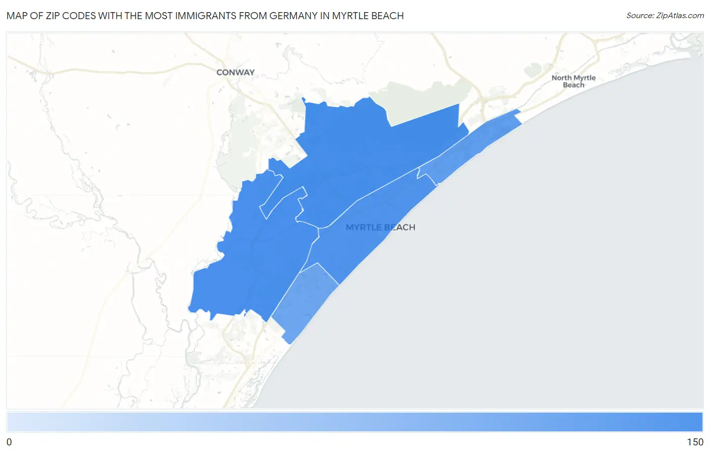 Zip Codes with the Most Immigrants from Germany in Myrtle Beach Map