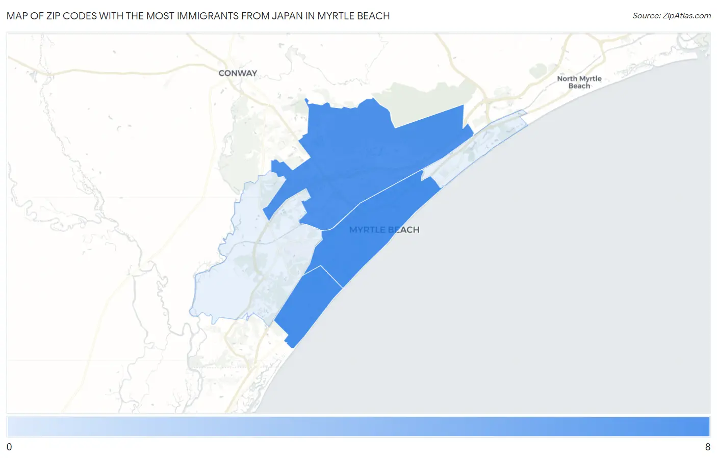 Zip Codes with the Most Immigrants from Japan in Myrtle Beach Map