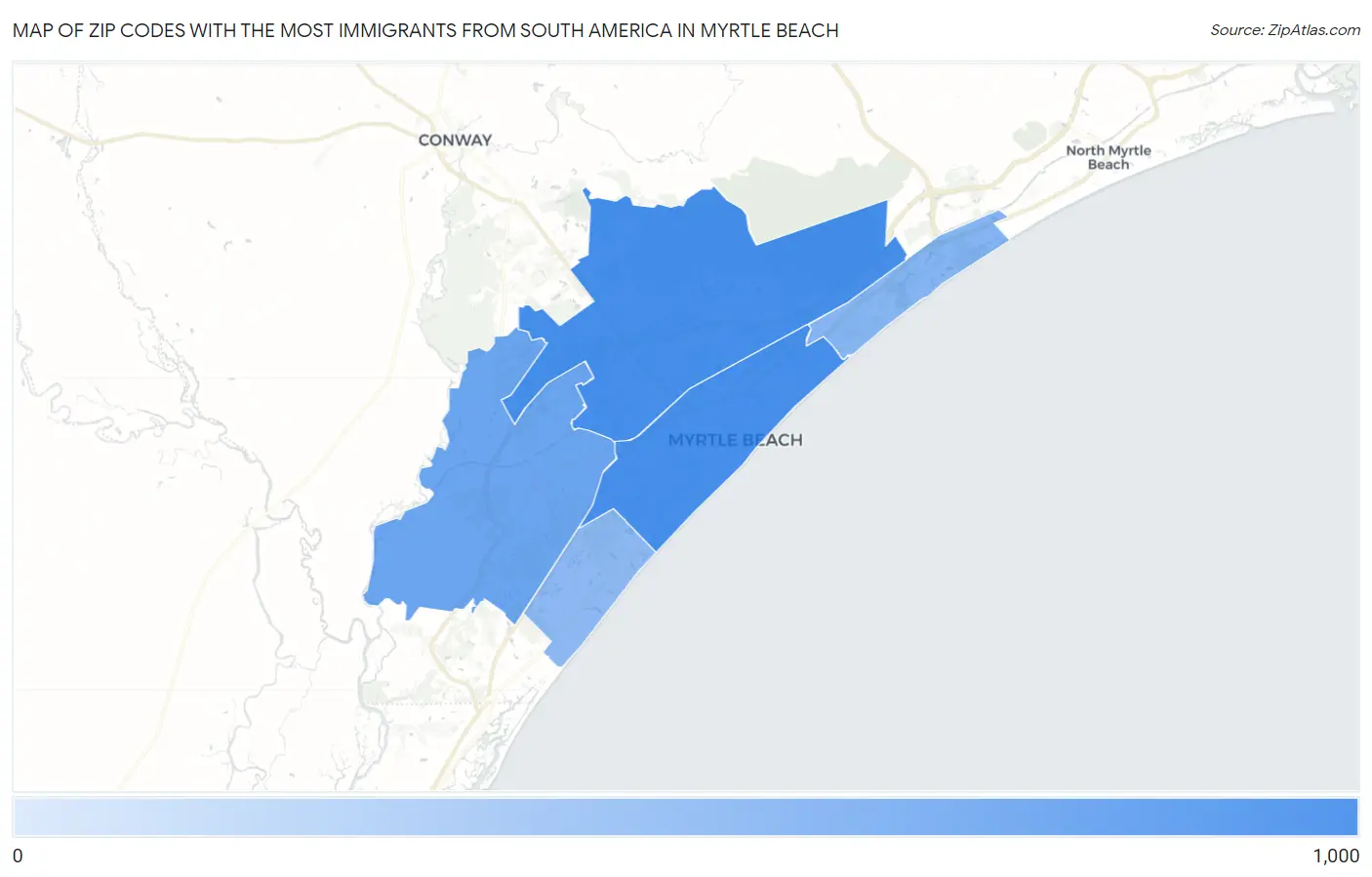 Zip Codes with the Most Immigrants from South America in Myrtle Beach Map
