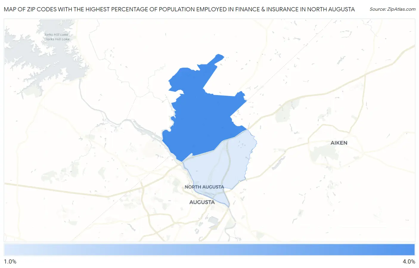 Zip Codes with the Highest Percentage of Population Employed in Finance & Insurance in North Augusta Map