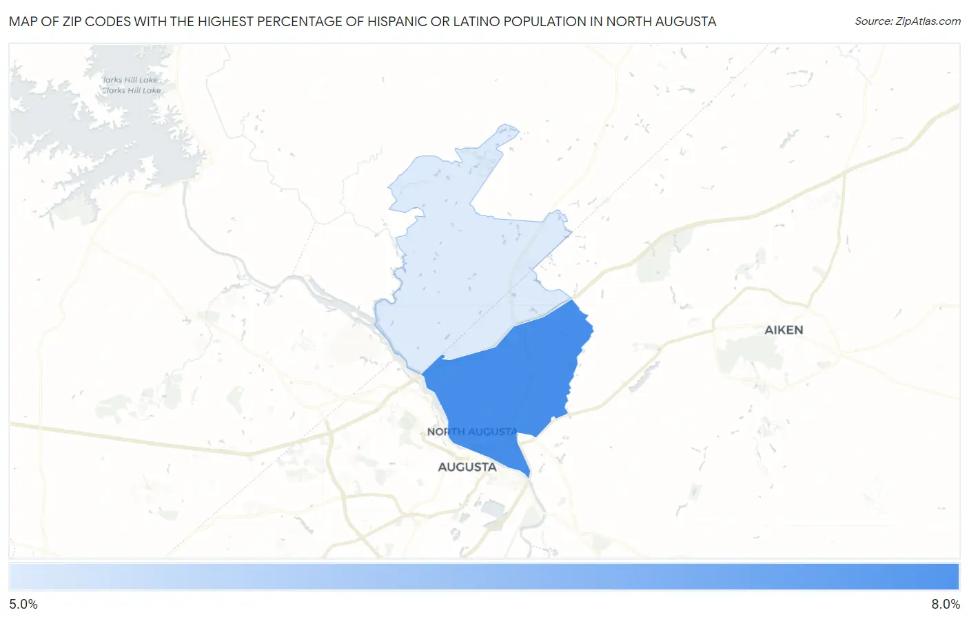 Zip Codes with the Highest Percentage of Hispanic or Latino Population in North Augusta Map