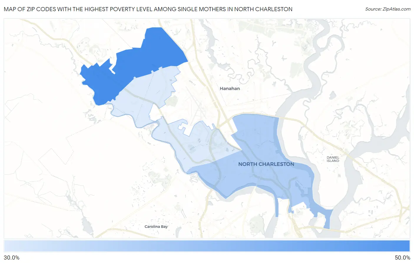 Zip Codes with the Highest Poverty Level Among Single Mothers in North Charleston Map