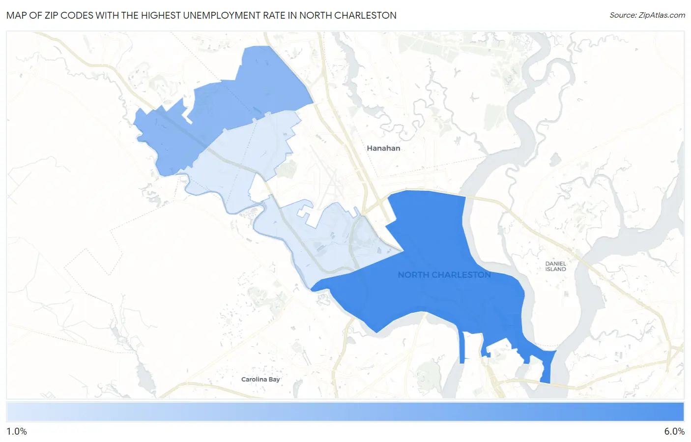 Zip Codes with the Highest Unemployment Rate in North Charleston Map