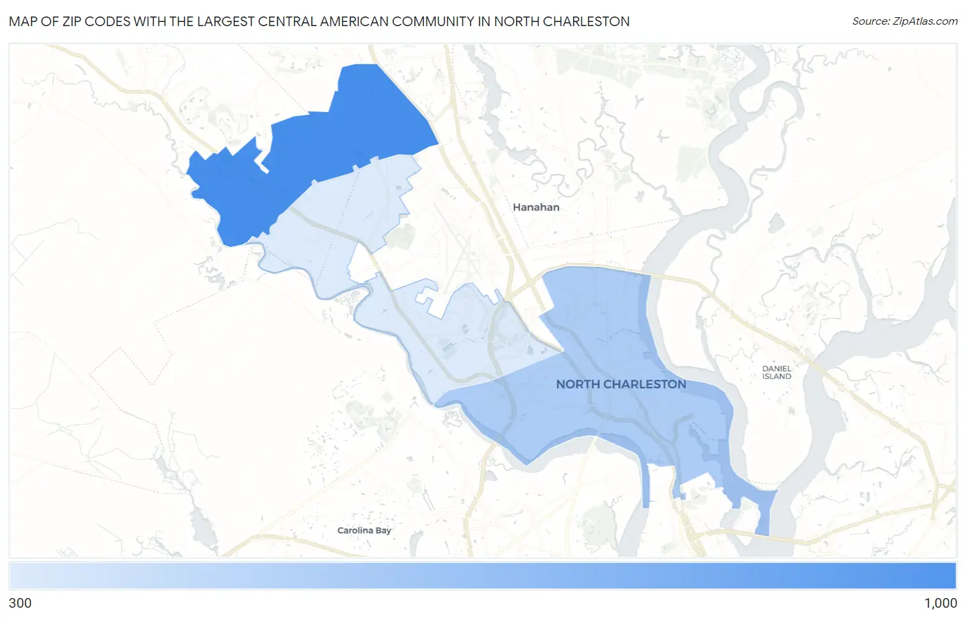 Zip Codes with the Largest Central American Community in North Charleston Map