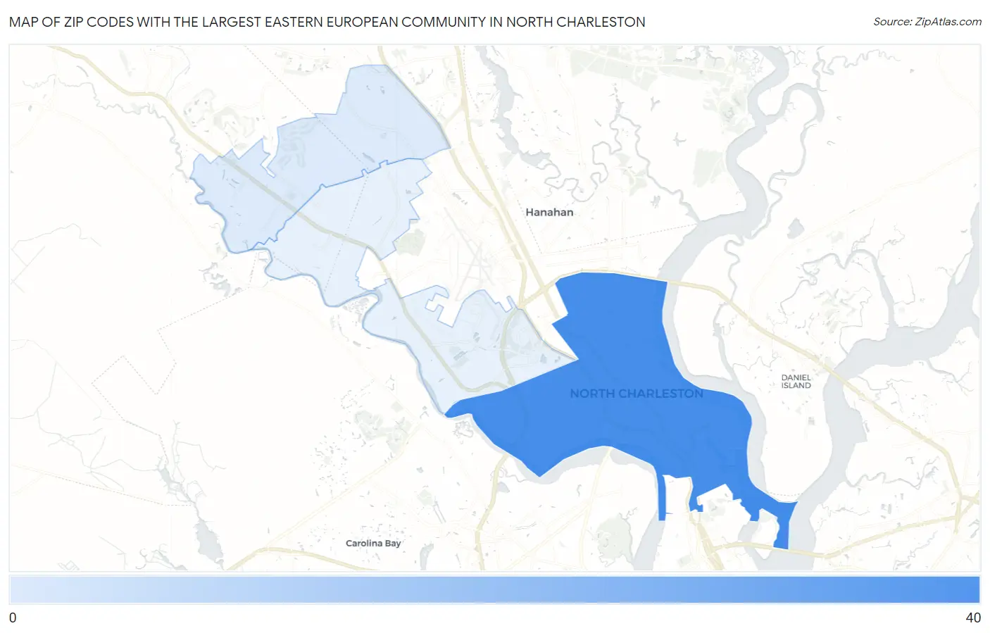Zip Codes with the Largest Eastern European Community in North Charleston Map