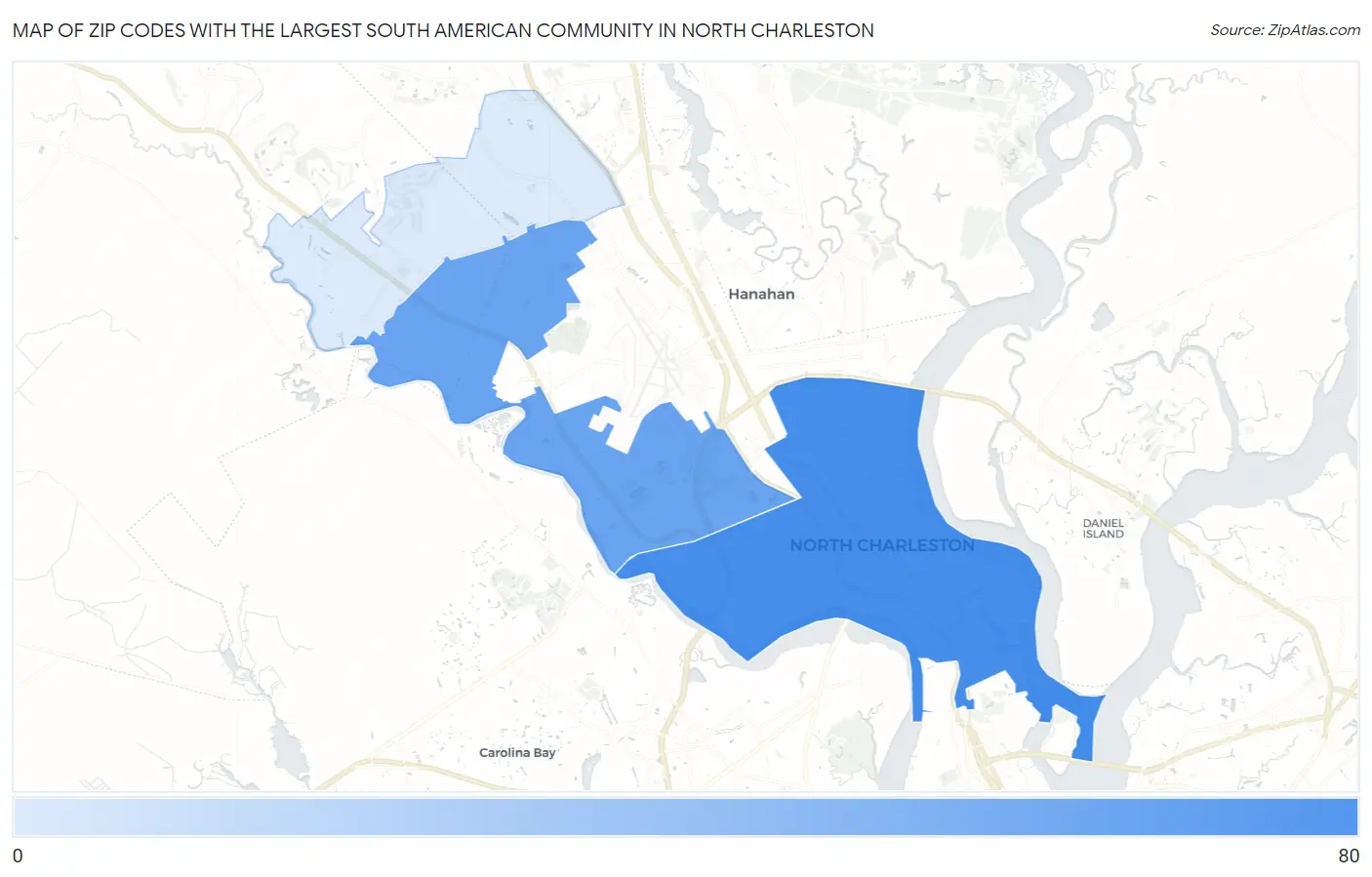 Zip Codes with the Largest South American Community in North Charleston Map