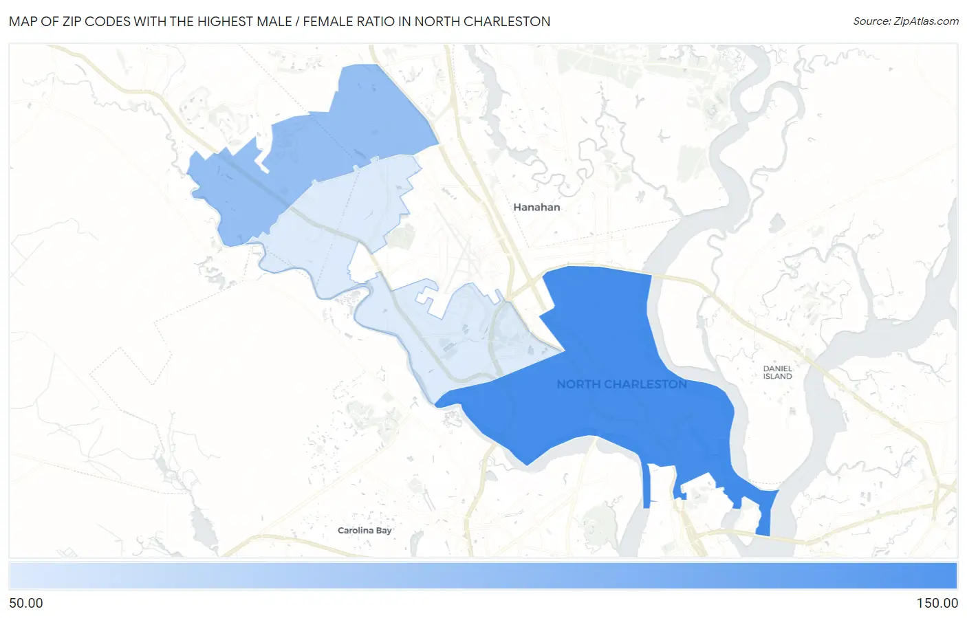 Zip Codes with the Highest Male / Female Ratio in North Charleston Map