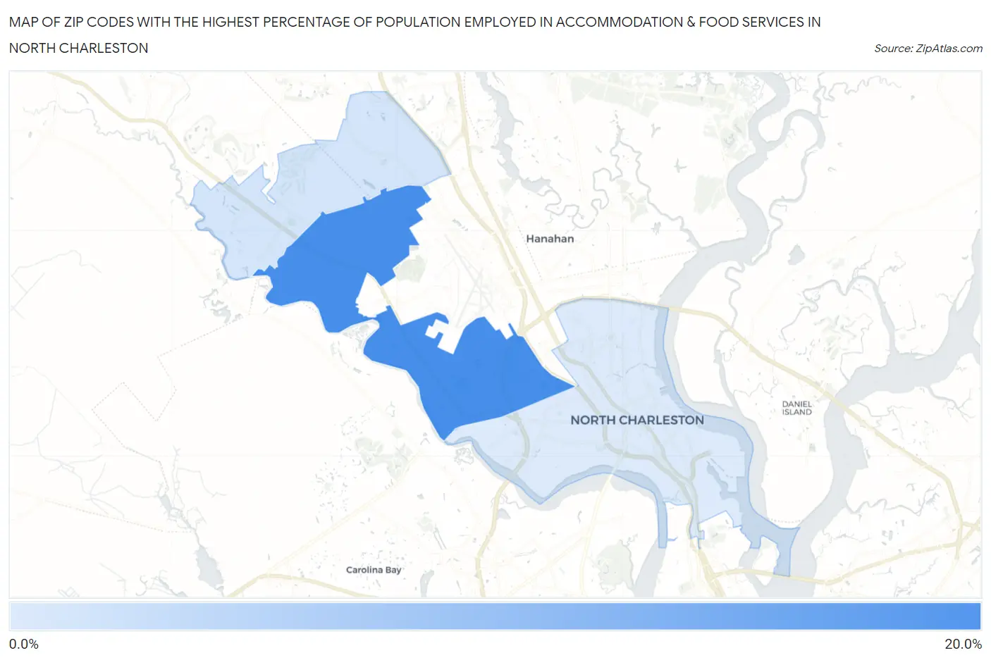 Zip Codes with the Highest Percentage of Population Employed in Accommodation & Food Services in North Charleston Map