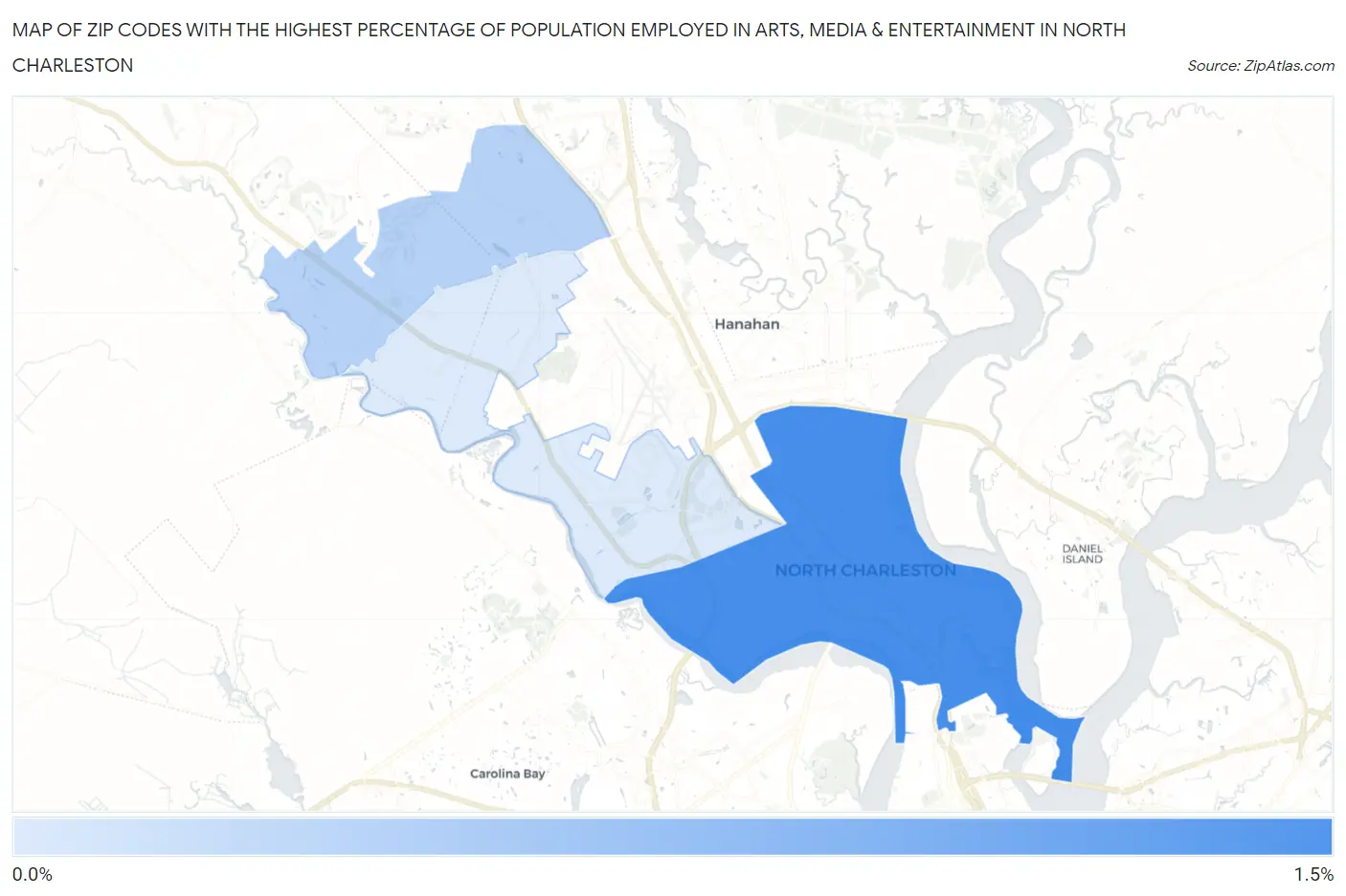 Zip Codes with the Highest Percentage of Population Employed in Arts, Media & Entertainment in North Charleston Map