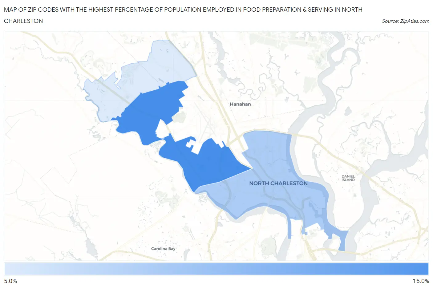 Zip Codes with the Highest Percentage of Population Employed in Food Preparation & Serving in North Charleston Map