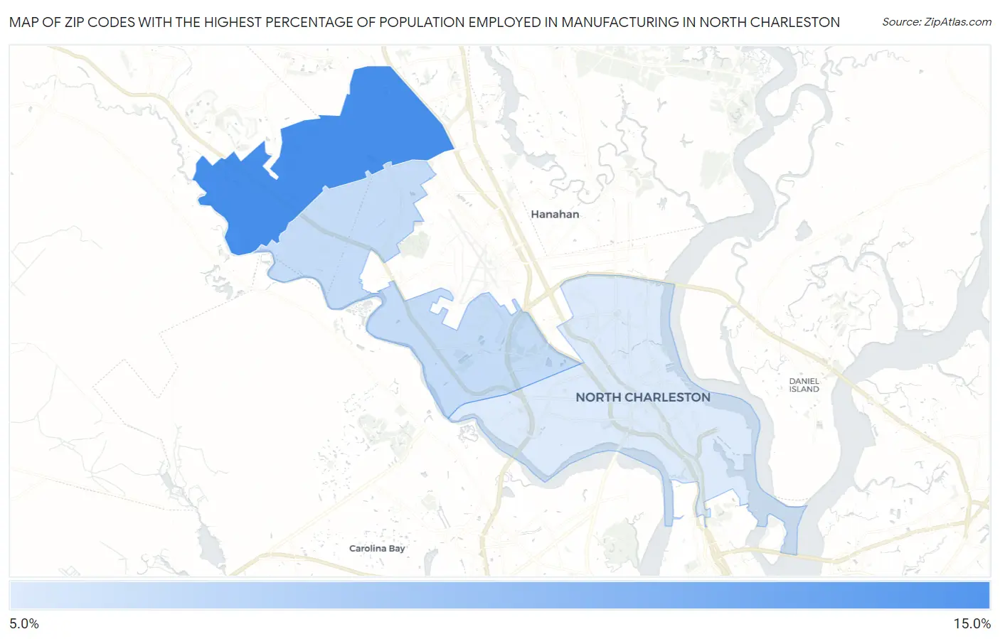 Zip Codes with the Highest Percentage of Population Employed in Manufacturing in North Charleston Map