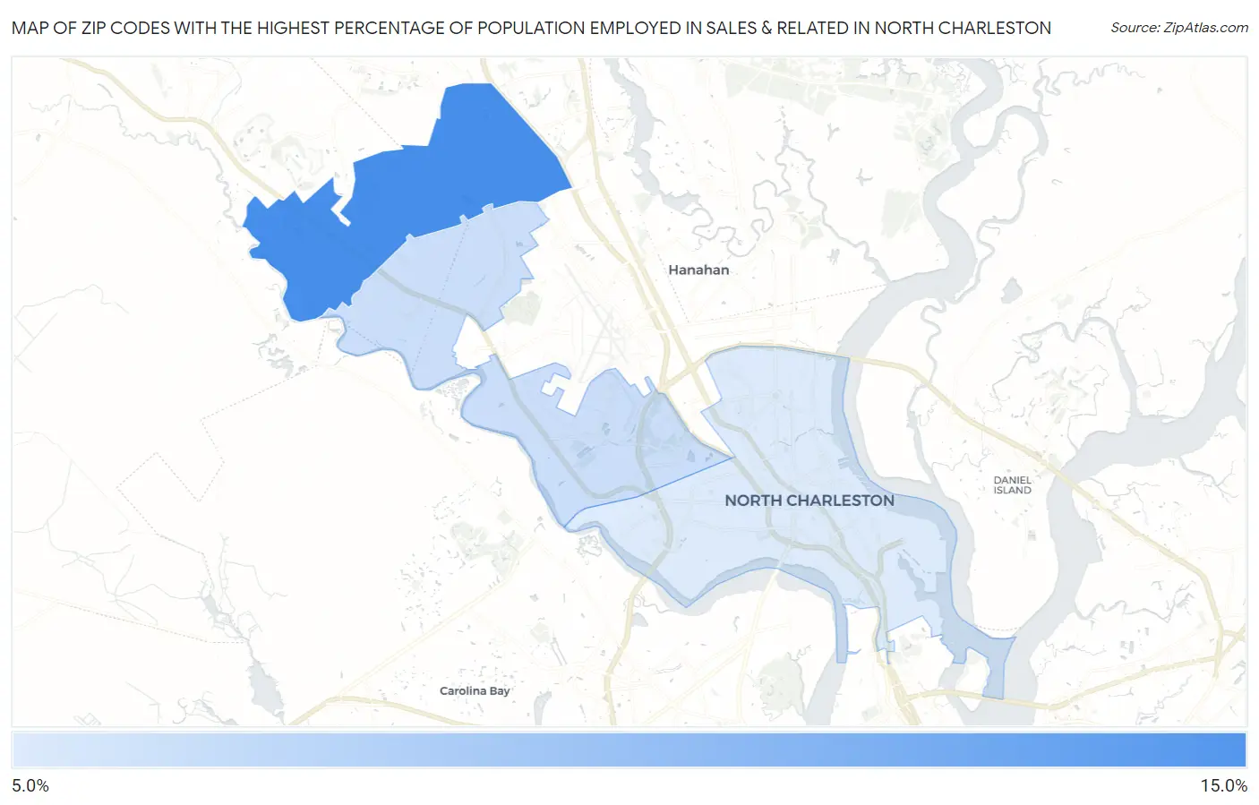 Zip Codes with the Highest Percentage of Population Employed in Sales & Related in North Charleston Map