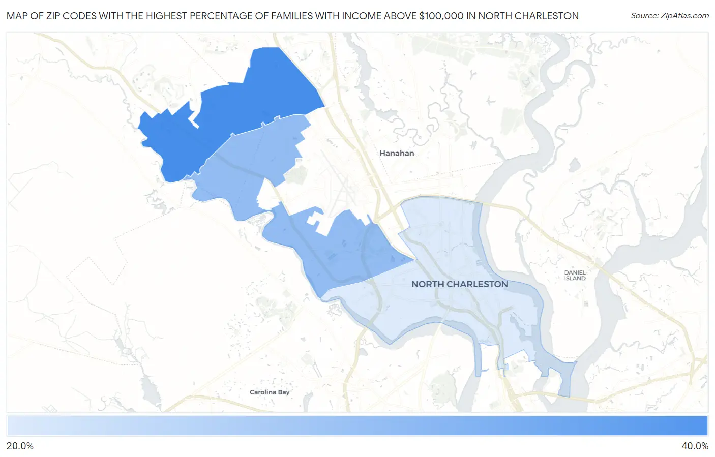 Zip Codes with the Highest Percentage of Families with Income Above $100,000 in North Charleston Map